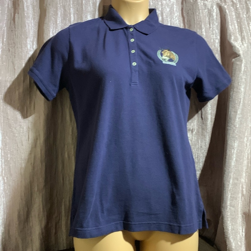 Outer Banks Polo Tee Blouse L Navy Blue Horse Shoe Head Embroidered LOGO